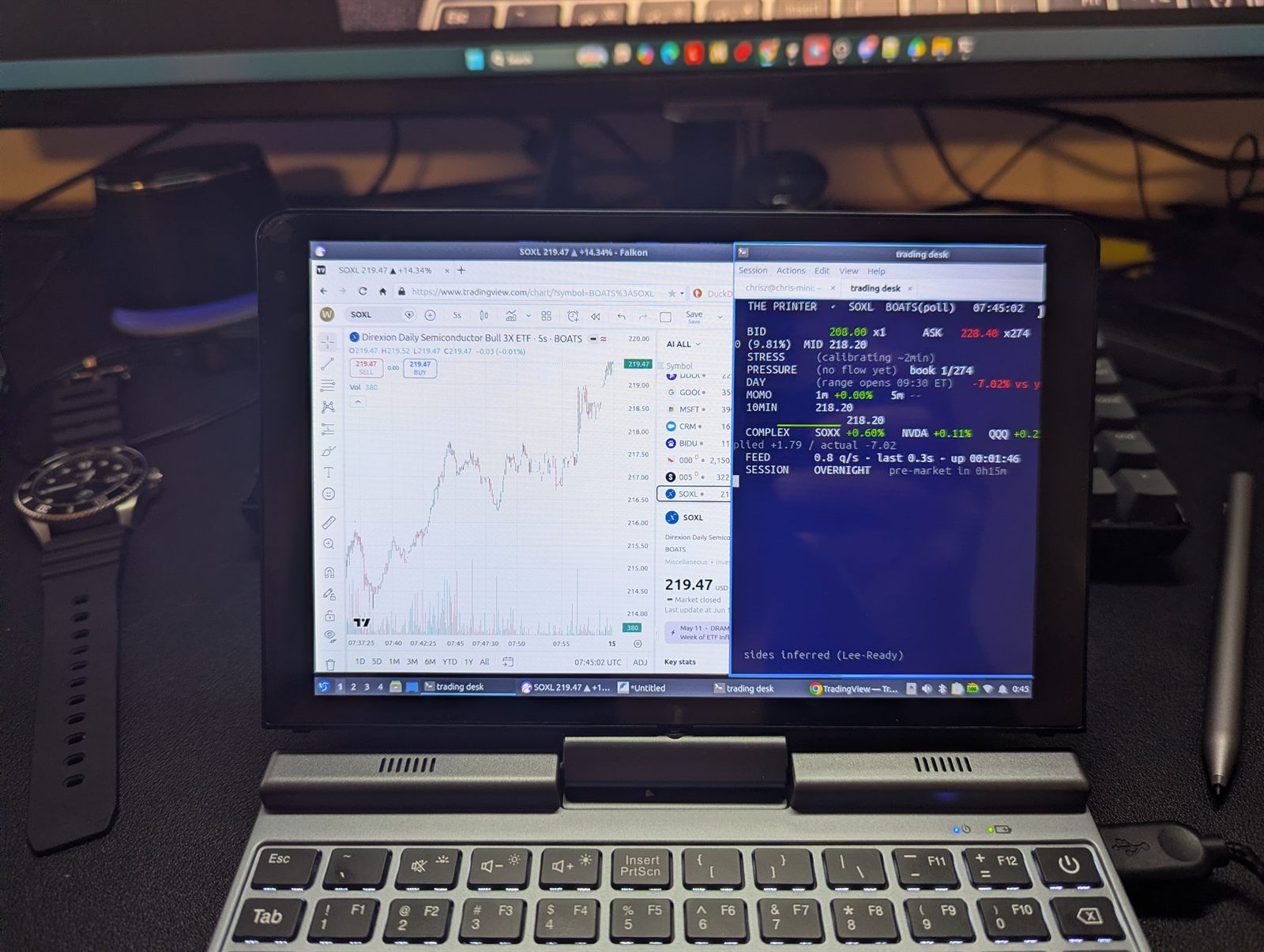 The Kooforway Mini booted upright running the live trading desk — a TradingView chart on the left, a custom terminal on the right, pre-market counting down